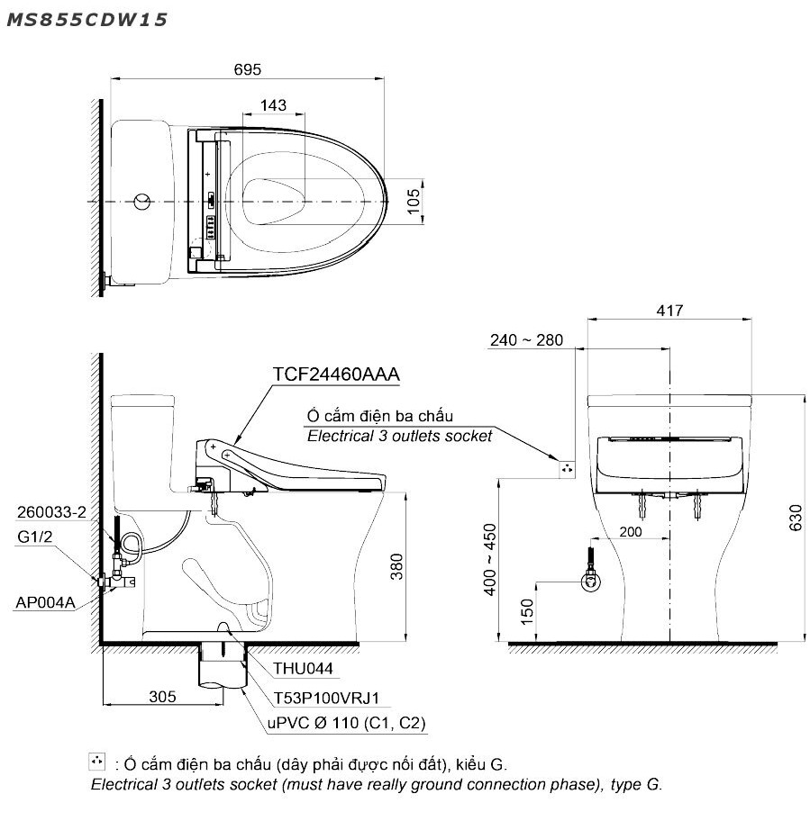 Bản vẽ kỹ thuật bồn cầu TOTO MS855CDW15