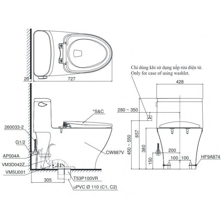 Bồn Cầu 1 Khối Nắp Rửa Điện Tử TOTO MS887CRW15#XW