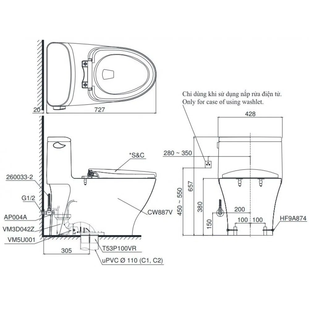 Bản vẽ kĩ thuật Bàn cầu 1 khối nắp điện tử TOTO MS887RW11