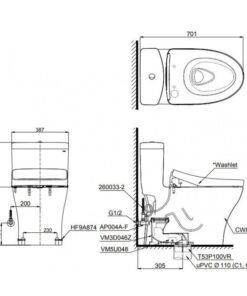 Bản vẽ kỹ thuật của bồn cầu 1 khối kèm nắp rửa điện tử TOTO MS889CDRW15