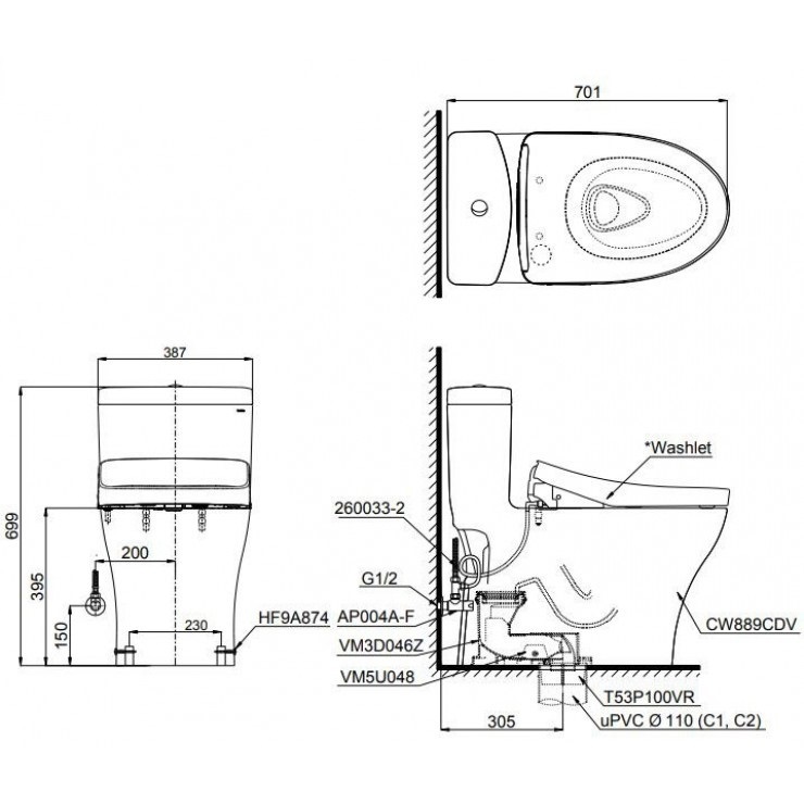 Bản vẽ kỹ thuật của bồn cầu 1 khối kèm nắp rửa điện tử TOTO MS889CDRW15
