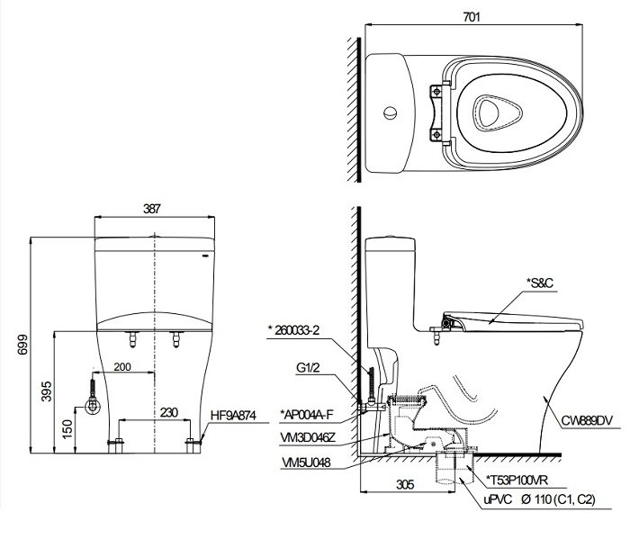 Bản vẽ kĩ thuật của bồn cầu 1 khối TOTO MS889DRW16 nắp rửa điện tử