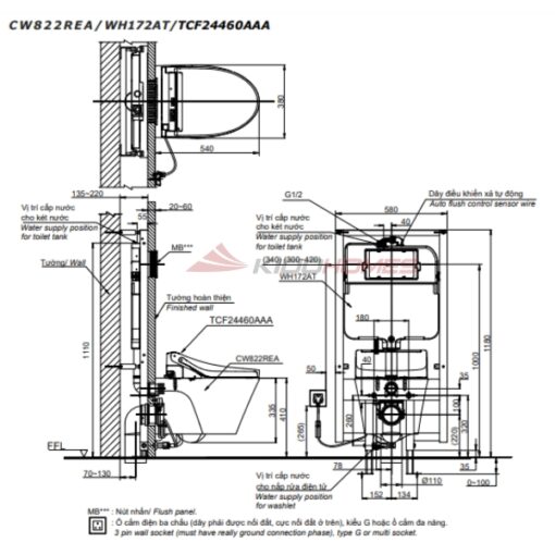 bàn cầu treo tường kèm nắp rửa điện tử CW822REA#W/TCF24460AAA#NW1