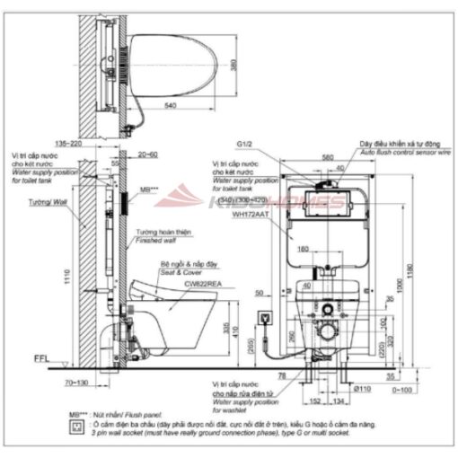 bàn cầu treo tường kèm nắp rửa điện tử CW822REA#W/TCF23460AAA#NW1/WH172AT/TCA465/MB175M#SS