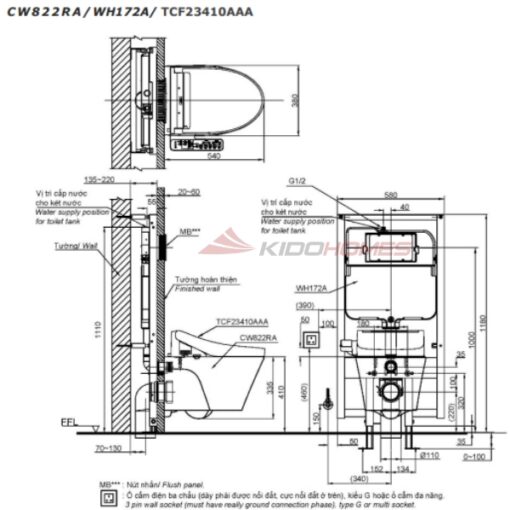 bàn cầu treo tường kèm nắp rửa điện tử CW822RA#W/TCF23410AAA#NW1