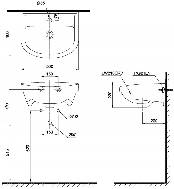Bản vẽ kỹ thuật lavabo TOTO LT210CTR
