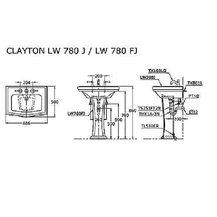 Chậu rửa lavabo TOTO LW780J#W/LW780FJ#W/TX801LN/TL510ERR