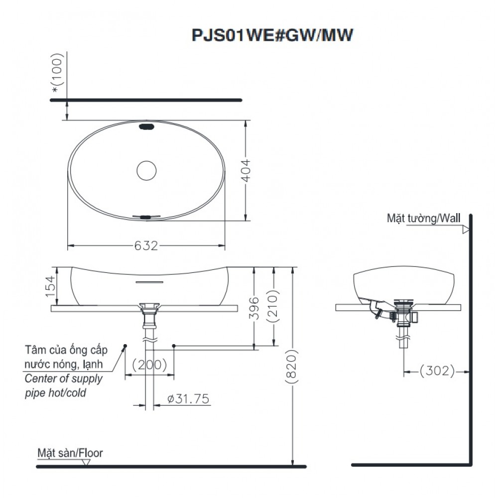 Bản vẽ kỹ thuật lavabo đặt bàn TOTO PJS01WE#MW