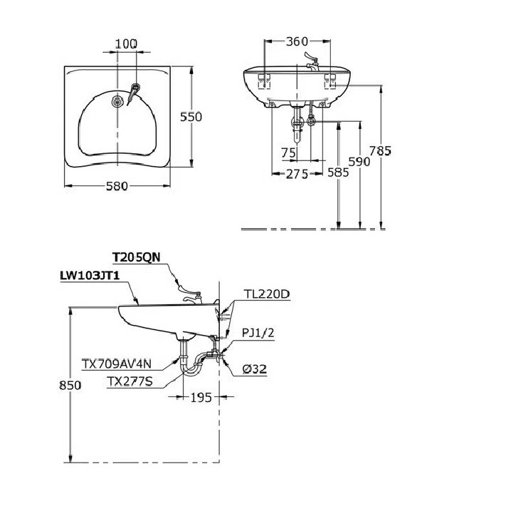 Bản vẽ kỹ thuật Chậu rửa lavabo TOTO LW103JT1#W