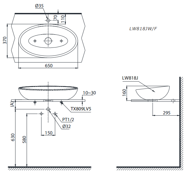 Bản vẽ kỹ thuật sản phẩm lavabo đặt bàn TOTO LW818JW/F