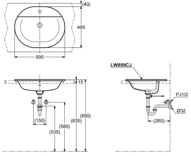 Bản vẽ kỹ thuật lavabo dương vành TOTO LW899J