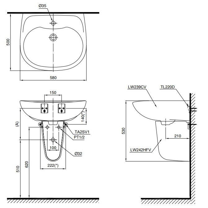 Bản vẽ kỹ thuật lavabo TOTO LHT239CR