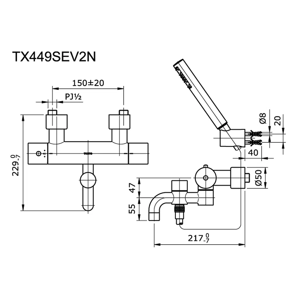 Bản vẽ kỹ thuật sen tắm nhiệt độ TOTO TX449SEV2N