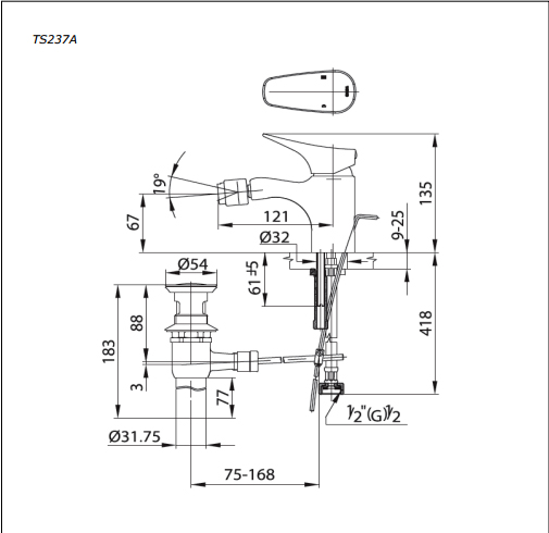 Bản vẽ kỹ thuật vòi tiểu nữ TS237A