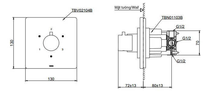 Bản vẽ kỹ thuật của van chuyển hướng TOTO TBV02104B