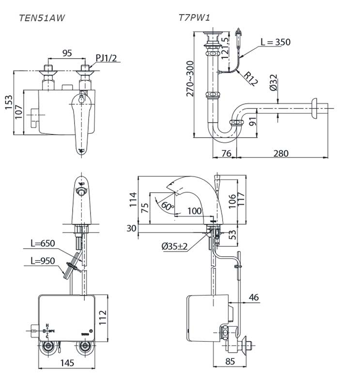 Bản vẽ kỹ thuật vòi cảm ứng TOTO TEN51AW/T7PW1