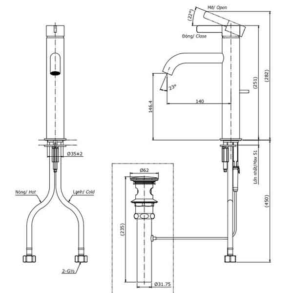 Bản vẽ kỹ thuật của vòi lavabo TLG11303V
