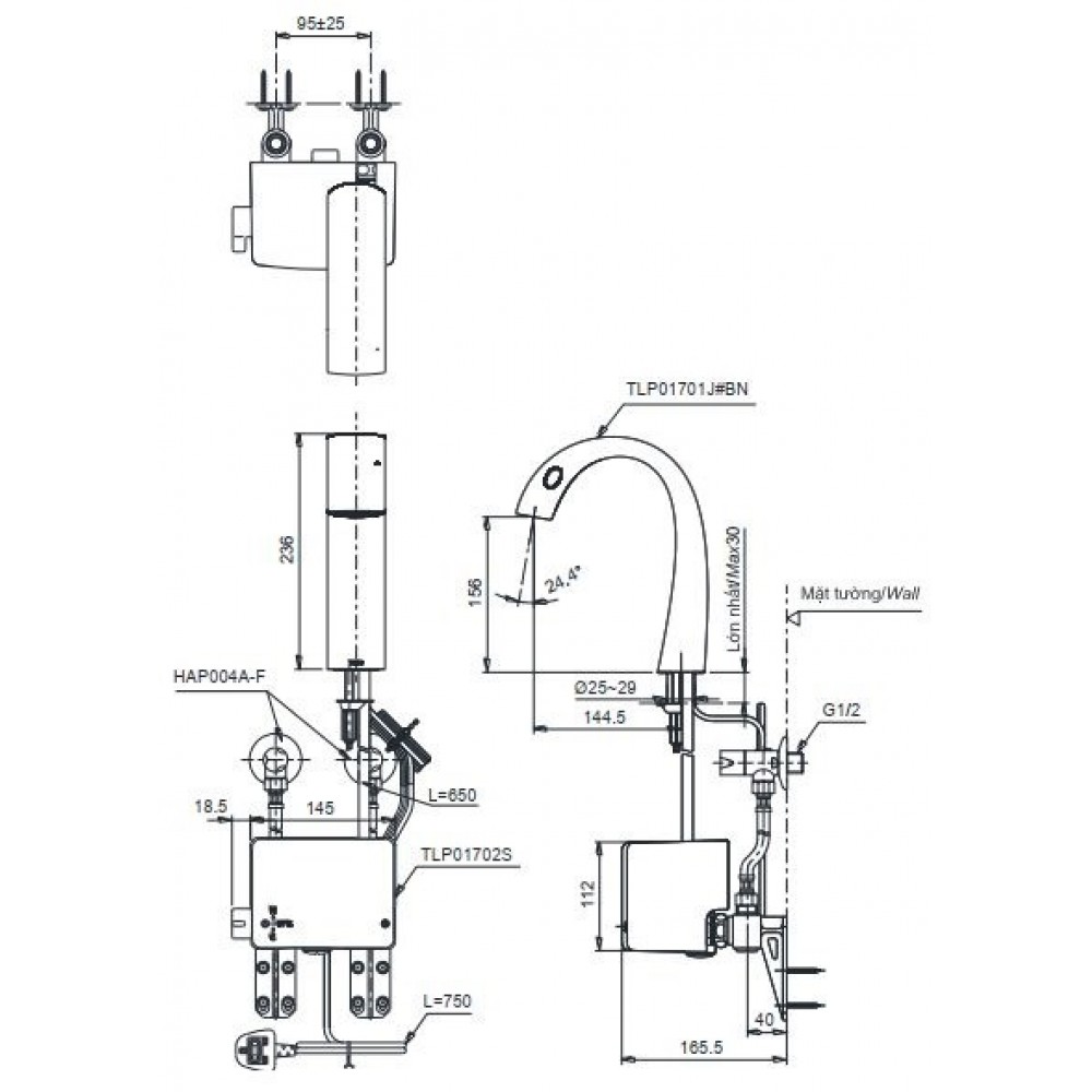 Bản vẽ kỹ thuật vòi cảm ứng nhiệt độ TOTO TLP01701J#BN/TLP01702S