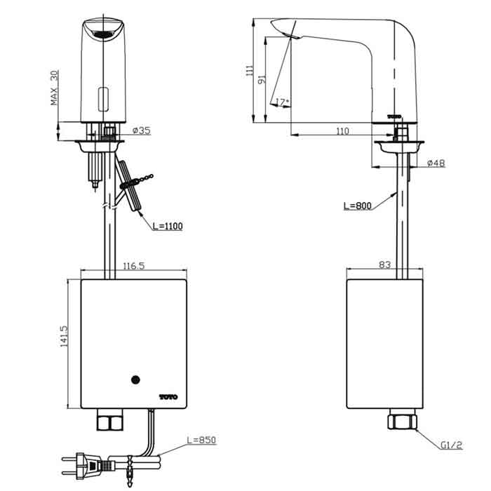 Bản vẽ kỹ thuật vòi cảm ứng nước lạnh Toto TTLA101/TTLE101E2L/TX709AV6