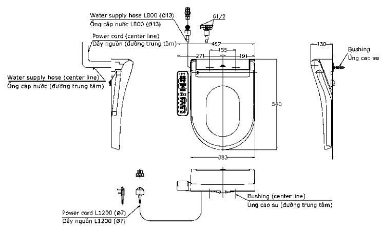 Bản vẽ kĩ thuật của Nắp Rửa Điện Tử TOTO TCF33370GAA#NW1