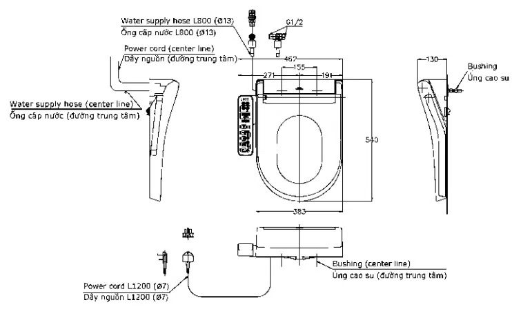 Bản vẽ kỹ thuật Nắp Rửa Điện Tử TOTO TCF33370GAA#NW1 (TCF33370GAA#NW1)