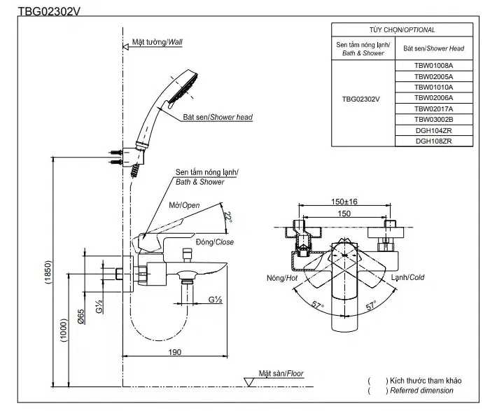 Bản vẽ kĩ thuật Sen Tắm Nóng Lạnh TOTO TBG02302VA/DGH108ZR