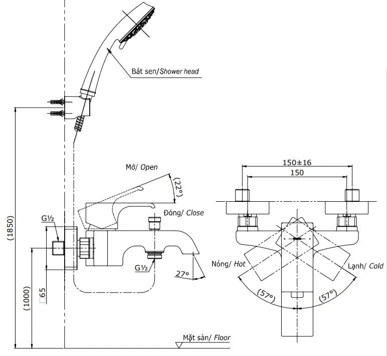Bản vẽ kĩ thuật của Sen Tắm Nóng Lạnh TOTO TBG08302VA/TBW02017A
