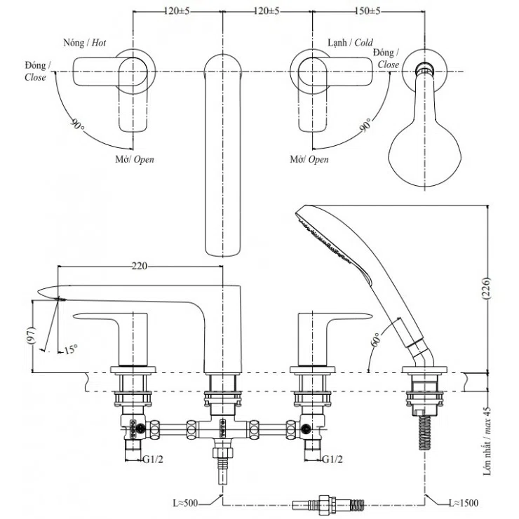 Vòi Xả Bồn Tắm Kèm Sen Tắm TOTO TBG04202BB