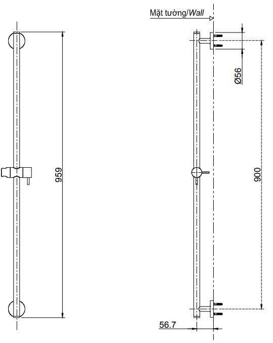 Bản vẽ kỹ thuật Thanh trượt sen tắm TOTO TBW02011B (TBW02011B)
