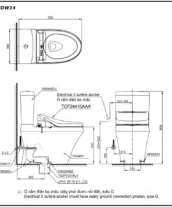Bản vẽ kĩ thuật Bồn Cầu 2 Khối Nắp Rửa Điện Tử TOTO CS948DW14