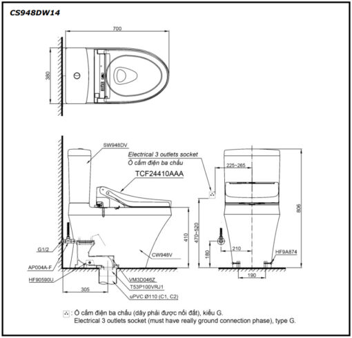 Bản vẽ kĩ thuật Bồn Cầu 2 Khối Nắp Rửa Điện Tử TOTO CS948DW14