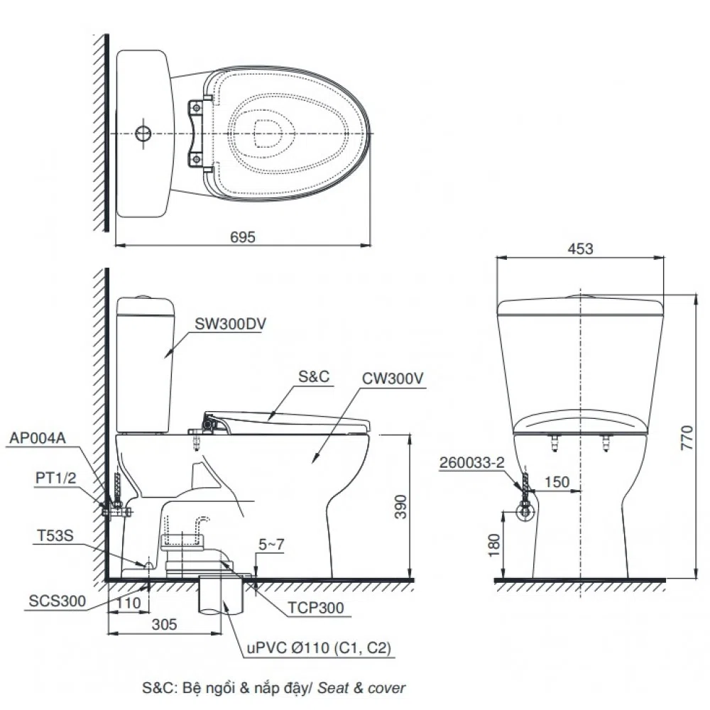 Bồn cầu 2 khối TOTO CS300DRT8, nắp đóng êm