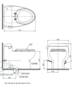 Bản vẽ kĩ thuật Bồn Cầu 1 Khối Nắp Rửa Điện Tử TOTO MS688W11#XW