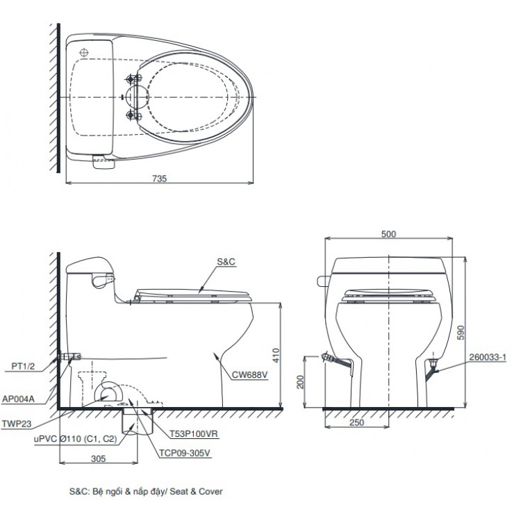Bản vẽ kĩ thuật Bồn Cầu 1 Khối Nắp Rửa Điện Tử TOTO MS688W11#XW