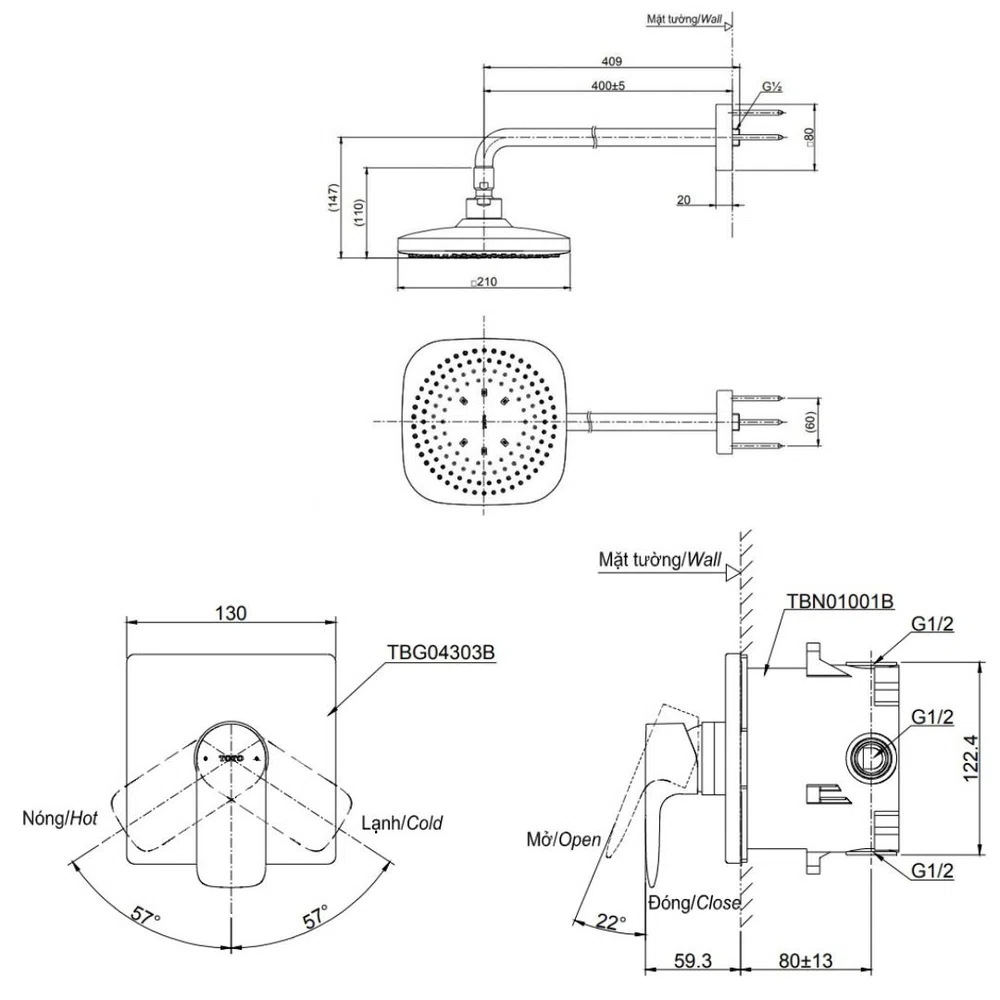 Sen Tắm Nóng Lạnh Âm Tường TOTO TBG04303B