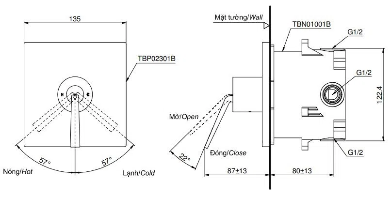 Bản vẽ kĩ thuật Van Gật Gù Nóng Lạnh TOTO TBP02301B