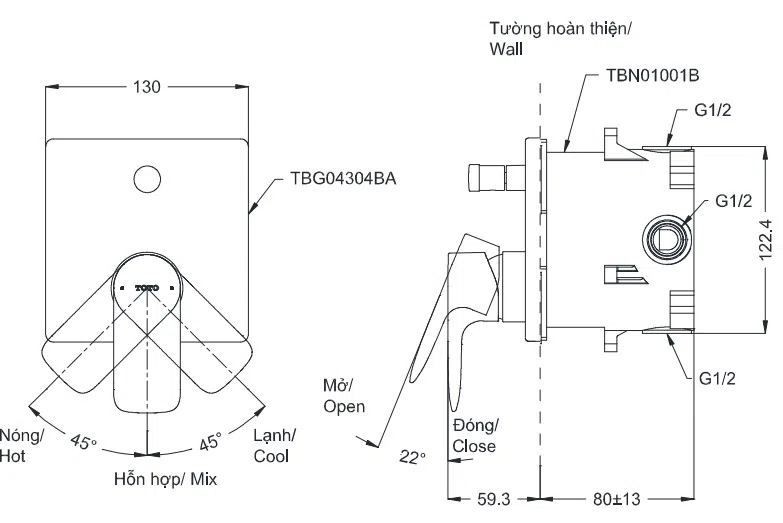 Bản vẽ kỹ thuật Van Chuyển Hướng TOTO TBG04304BA (TBG04304BA)