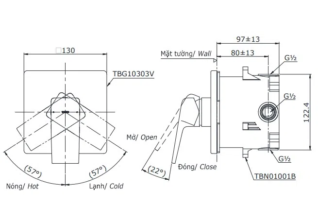 Bản vẽ kĩ thuật của Van Gật Gù Điều Chỉnh Nóng Lạnh TOTO TBG10303V