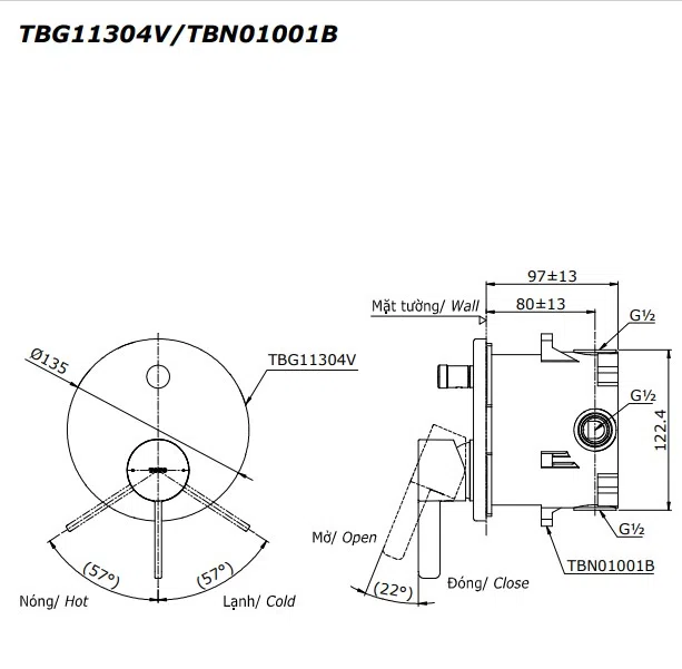 Van Điều Chỉnh Nóng Lạnh TOTO TBG11304VA/TBN01001B 2 Đường Nước
