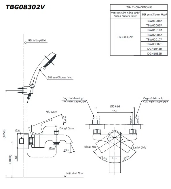 Bản vẽ kỹ thuật Van Điều Chỉnh TOTO TBG08302VA (TBG08302VA)