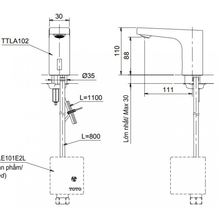 Bản vẽ kĩ thuật của Vòi Chậu Rửa Mặt TOTO TTLA102/TTLE101E2L/TVLF405