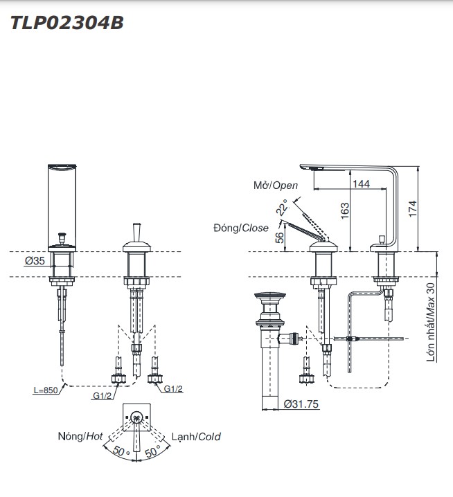Bản vẽ kĩ thuật của Vòi Chậu Nóng Lạnh TOTO TLP02304B
