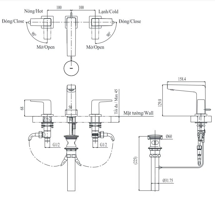 Bản vẽ kĩ thuật của Vòi Chậu Rửa Mặt TOTO TLG10201B
