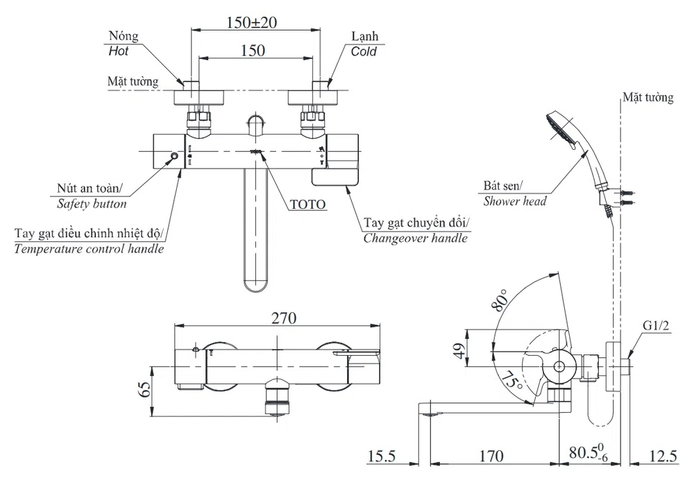 Bản vẽ kĩ thuật Sen Tắm Nóng Lạnh TOTO TBV03427V/TBW01010A