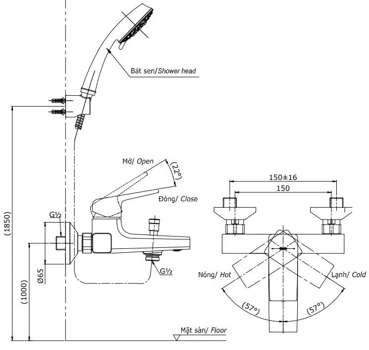 Bản vẽ kĩ thuật của Sen Tắm Nóng Lạnh TOTO TBG10302VA/DGH108ZR