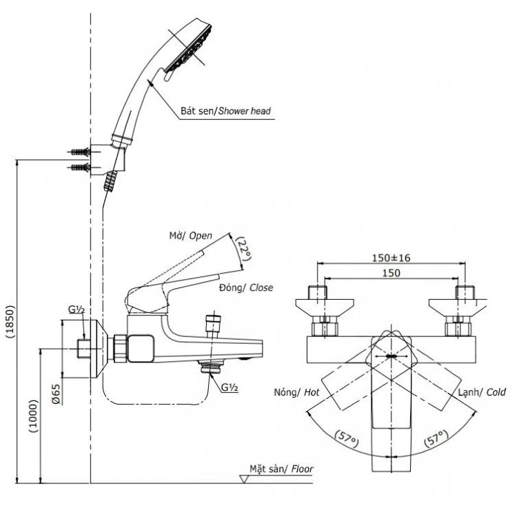 Bản vẽ kĩ thuật Sen Tắm Nóng Lạnh TOTO TBG10302VA/TBW02005A