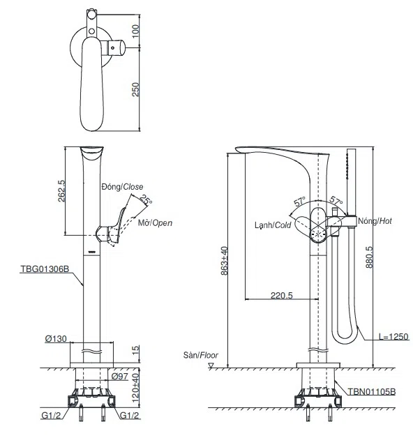 Bản vẽ kỹ thuật Vòi Xả Bồn Kèm Sen Tắm TOTO TBG01306B (TBG01306BA)