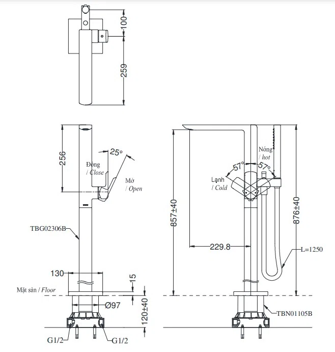 Bản vẽ kỹ thuật Vòi Xả Bồn Kèm Sen Tắm TOTO TBG02306B (TBG02306BA)