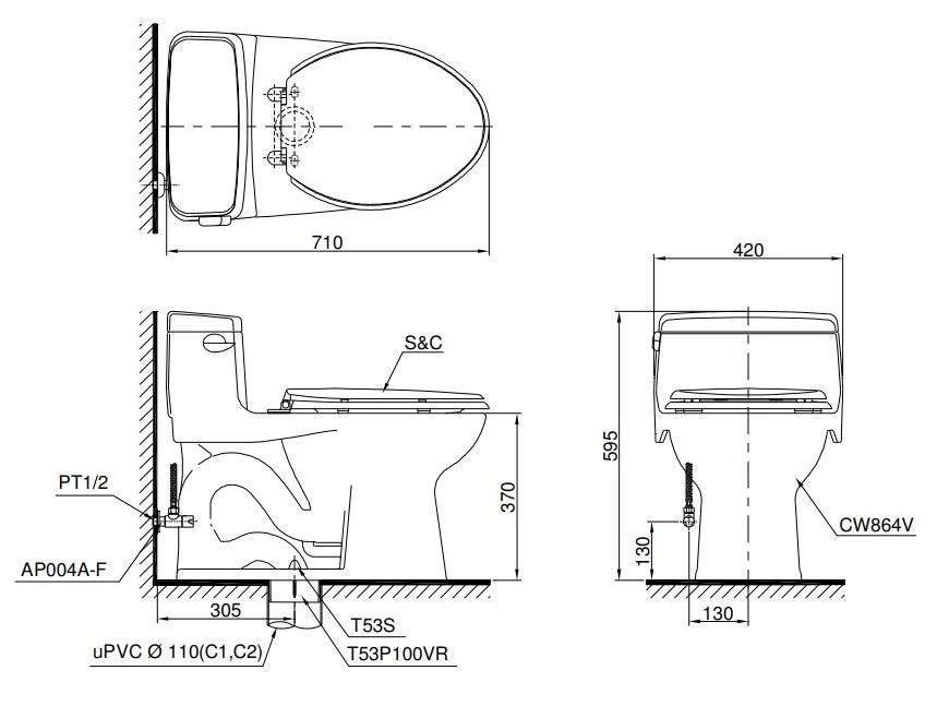 Phòng Vệ Sinh Bao Nhiêu m² Là Hợp Lý? Hướng Dẫn Chi Tiết Từ Chuyên Gia - Bồn cầu 1 khối TOTO MS864W6 (MS864W6)