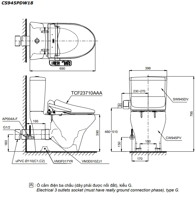 Bàn cầu hai khối TOTO kèm nắp rửa điện tử CS945PDW18#XW